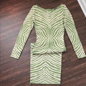 Fashion Nova Amina Sweater Midi Dress (Green and Cream Zebra Pattern)